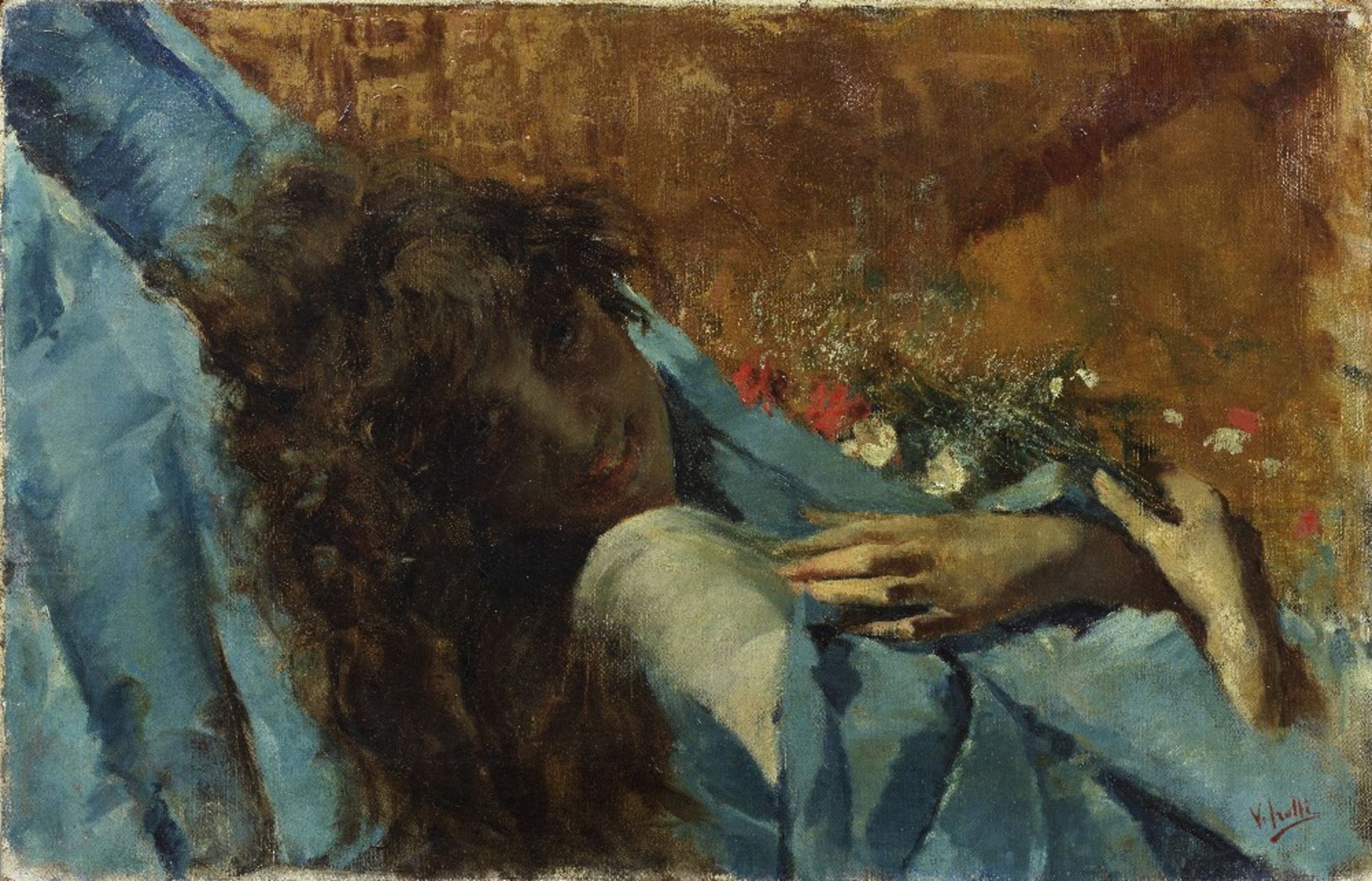 Vincenzo Irolli (Italian, 1860-1945) Ritratto di fanciulla con mazzo di fiori