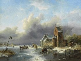 Fredrik Marinus Kruseman (Dutch, 1816-1882) Winter landscape with figures on a frozen river