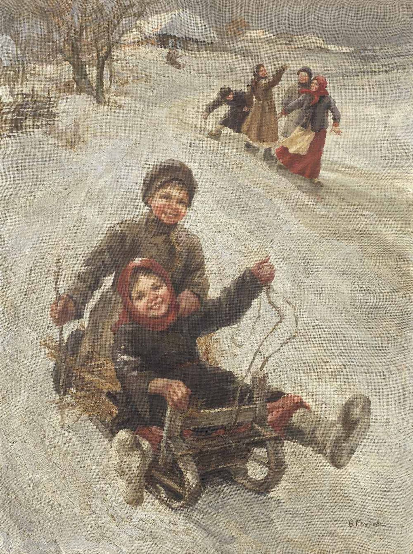 Fedot Vasilievich Sychkov (Russian, 1870-1958) Children sledding (circa 1910)
