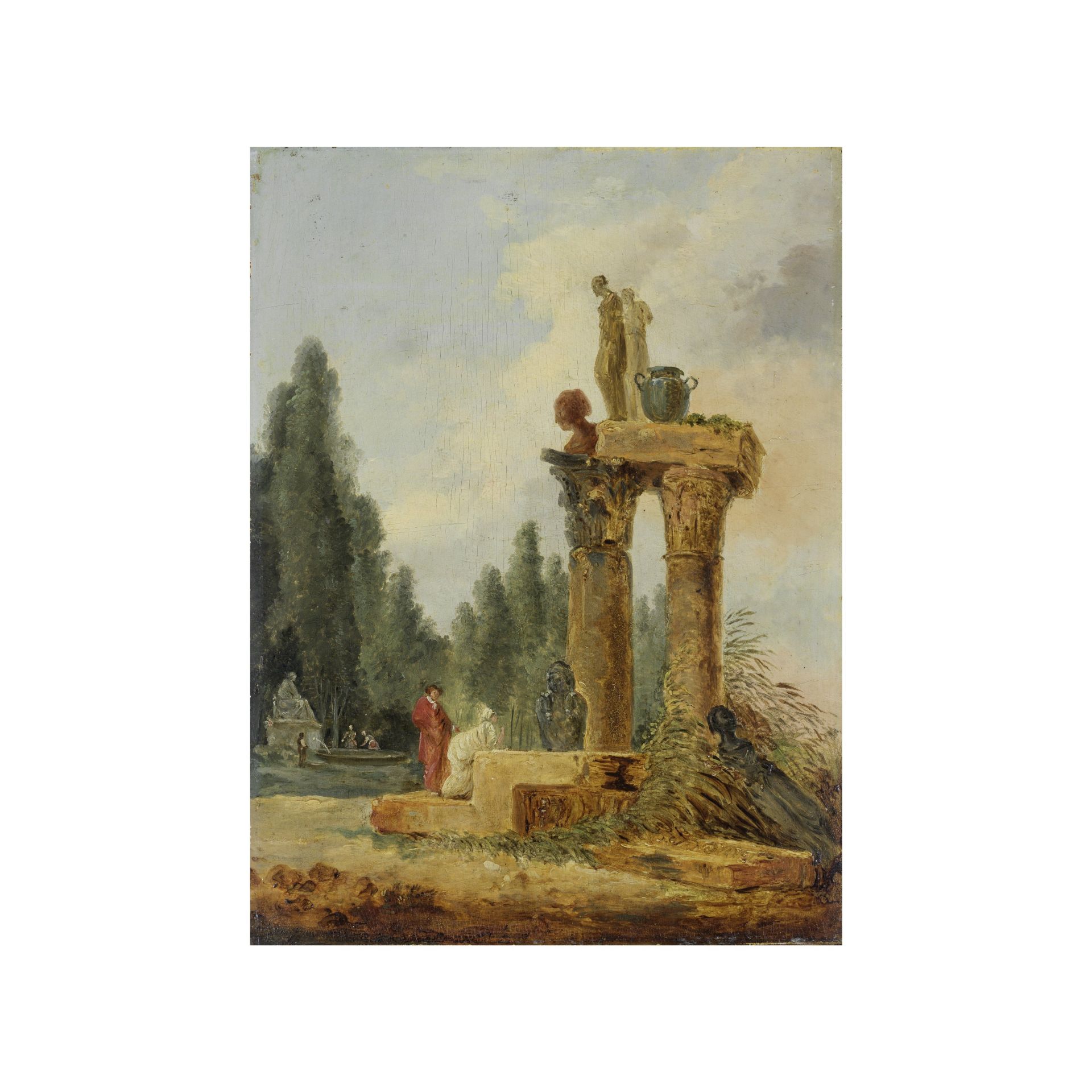 Suiveur de Hubert Robert (Paris 1733-1808) Promeneurs devant des ruines antiques