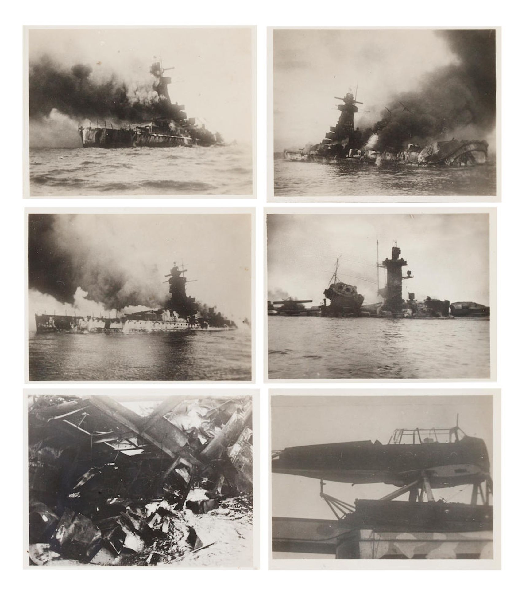 A GROUP OF PHOTOGRAPHS RECORDING THE ATTACKS ON THE ADMIRAL GRAF SPEE AND OTHER BATTLESHIPS.