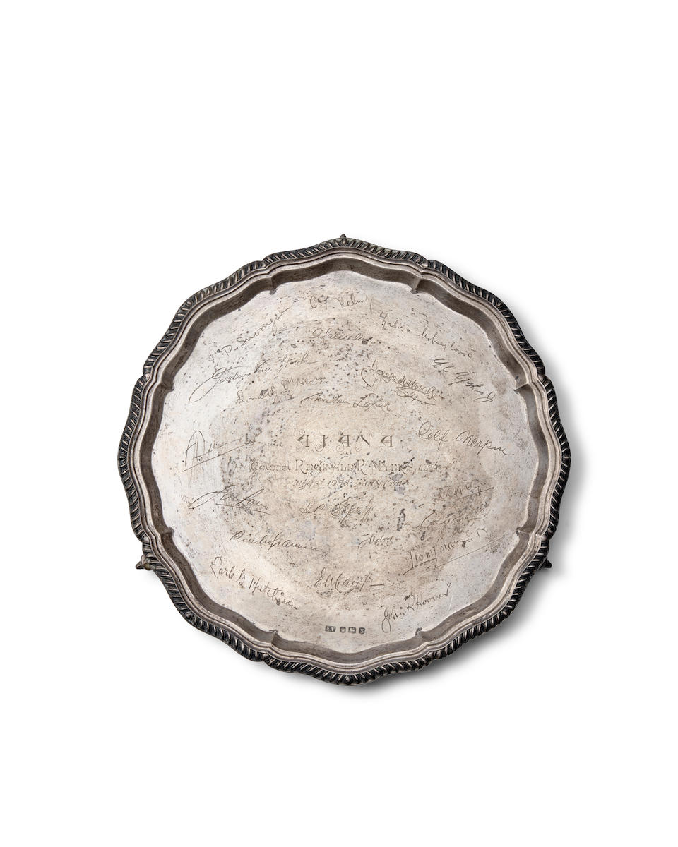 MARINE CORPS PRESENTATION SALVER. Sterling silver engraved footed salver,