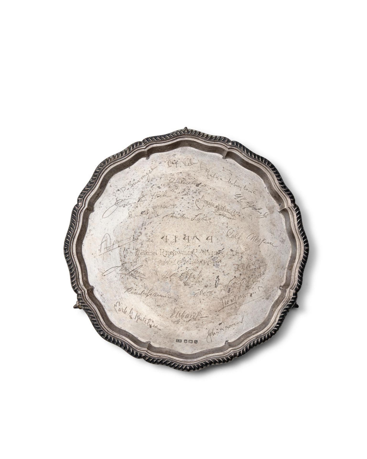 MARINE CORPS PRESENTATION SALVER. Sterling silver engraved footed salver,