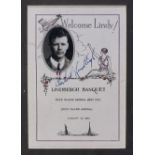 LUCKY LINDY BANQUET ANNOUNCEMENT. LINDBERGH, CHARLES. 1902-1974. Document Signed ('Charles A. Li...