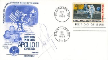 ARMSTRONG-SIGNED POSTAL COVER. Postal envelope with a Fleetwood cachet featuring the flag-planti...