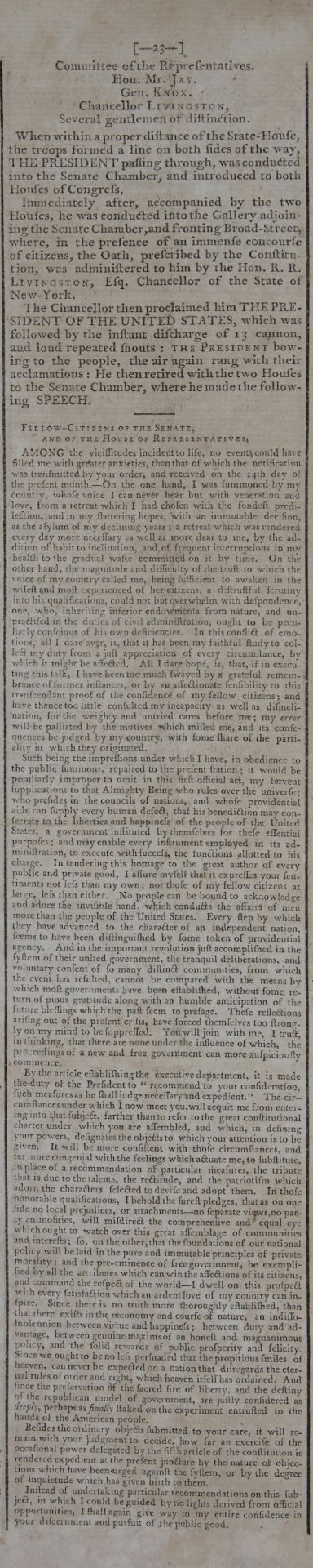 WASHINGTON'S FIRST INAUGURAL ADDRESS. Gazette of the United States, No. 6. New York: John Fenno,...