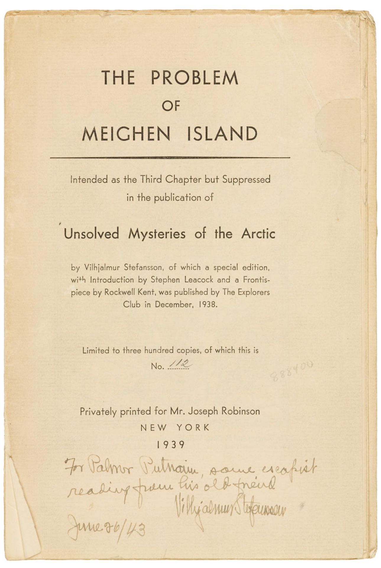 STEFANSSON, VILHJALMUR. 1879-1962. The Problem of Meighen Island. Intended as the Third Chapter ...