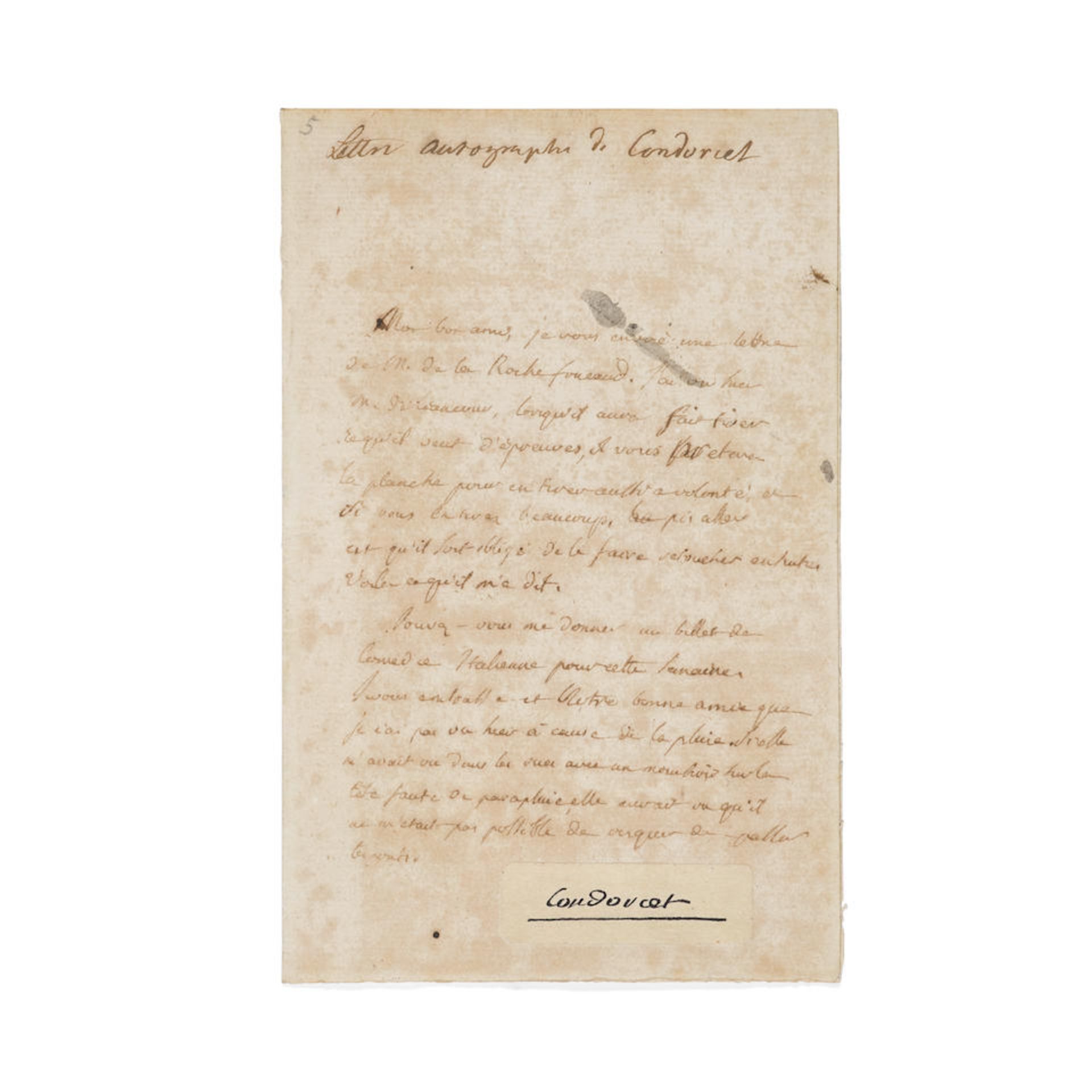CONDORCET, MARIE JEAN ANTIONE NICOLAS DE. 1743-1794. Manuscript letter with applied facsimile si...