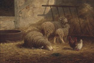 Charles Émile Jacque (French, 1813-1894) Sheep and chickens in a barnyard 12 x 16 1/4in (30...