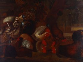 Manner of Johann Baptiste Bouttats An extensive still life of fruit, chicks, and a small hound 3...