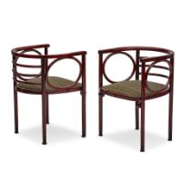 JOSEF HOFFMANN (1870-1956) Pair of Chairs stained bentwood with later fabric in the style of the...