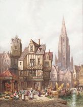 Henry Schafer (German, 1833-1916) A lively market, Frieburg 18 1/8 x 14 1/8in (46 x 35.9cm)