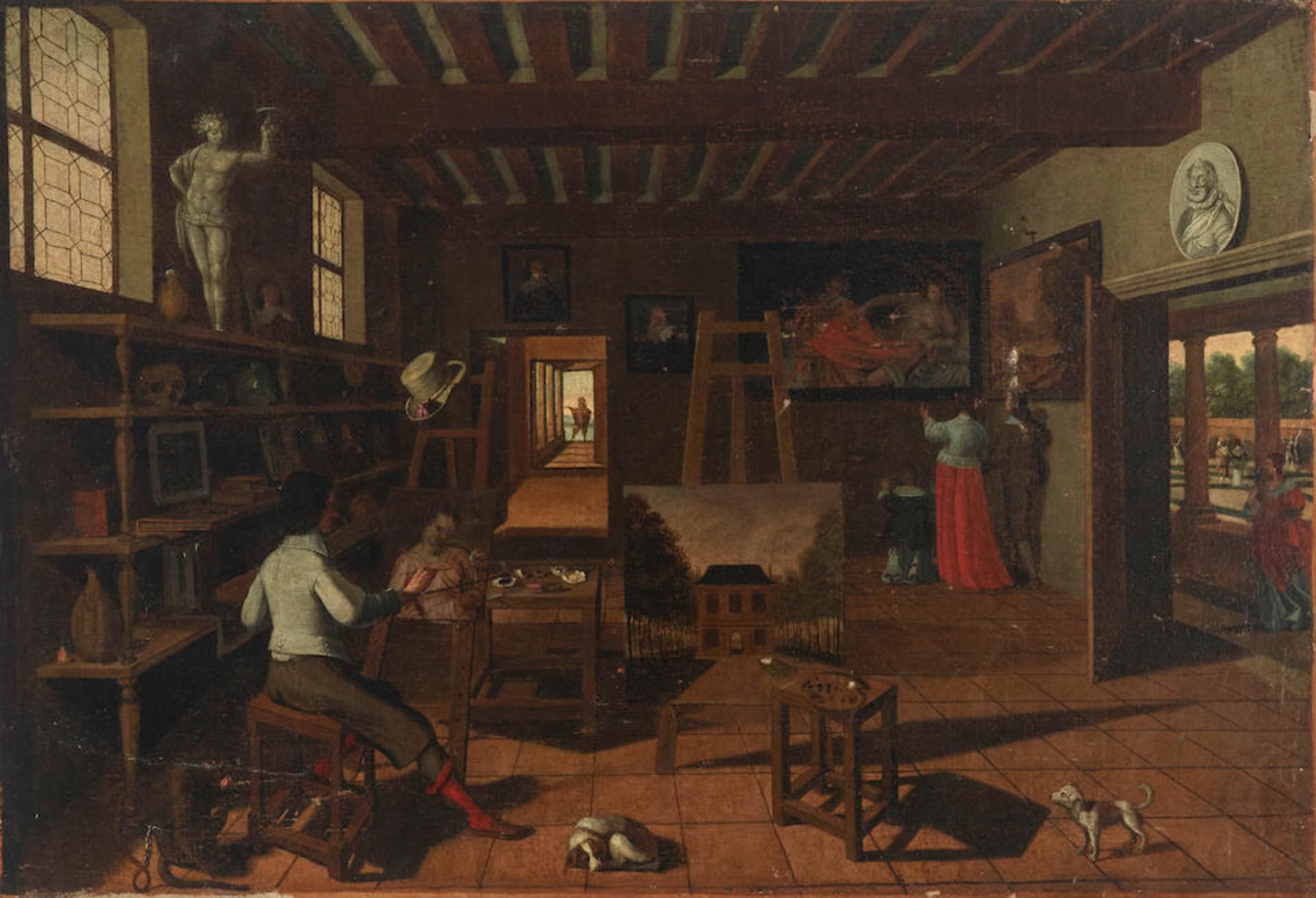 Follower of Antoine (l'aine) Le Nain (French, 1588-1648) The artist in his studio 25 x 36 3/4in ...
