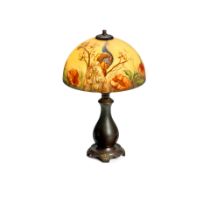 CLASSIQUE Poppy and Peacock Table Lampcirca 1920reverse painted glass, patinated metal, with Cla...