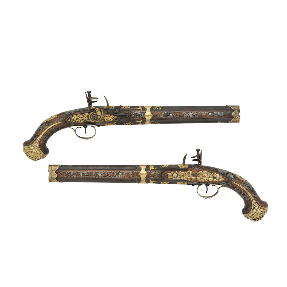 A Rare Pair Of Turkish 32-Bore Flintlock Silver-Gilt Mounted Over-And-Under Holster Pistols