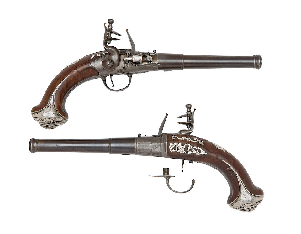 A Rare Pair Of 20-Bore Flintlock Silver-Mounted Two-Shot Superimposed-Load Breech-Loading Pistols