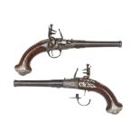 A Rare Pair Of 20-Bore Flintlock Silver-Mounted Two-Shot Superimposed-Load Breech-Loading Pistols