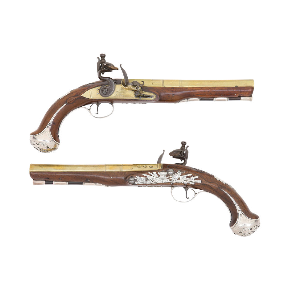 A Pair Of 20-Bore Flintlock Silver-Mounted Pistols With Brass Barrels And Locks (2)