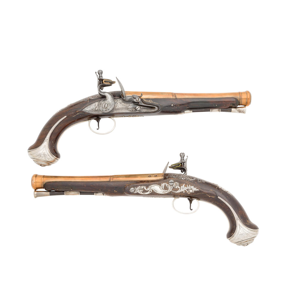 A Pair Of 12-Bore Flintlock Silver-Mounted Blunderbuss-Pistols