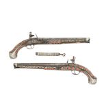 A Rare Pair Of Algerian 20-Bore Flintlock Holster Pistols And Powder Measure