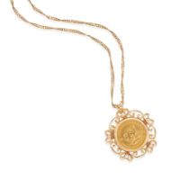 A 14K GOLD, COIN PENDANT AND DIAMOND PENDANT NECKLACE