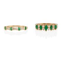 TWO 14K GOLD, EMERALD AND DIAMOND RINGS