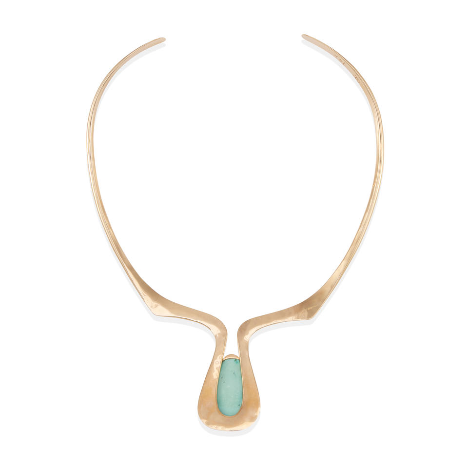 A 14K GOLD AND TURQUOISE COLLAR NECKLACE - Image 3 of 3