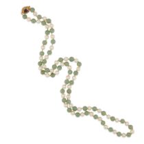 A 14K GOLD, SAPPHIRE, JADE AND CULTURED PEARL NECKLACE