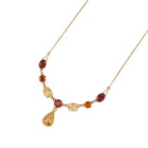 A 14K GOLD, CITRINE AND GARNET NECKLACE