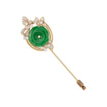 A BI-COLOR GOLD, JADE AND DIAMOND PENDANT STICK PIN