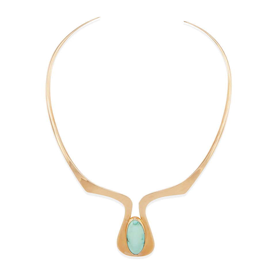 A 14K GOLD AND TURQUOISE COLLAR NECKLACE