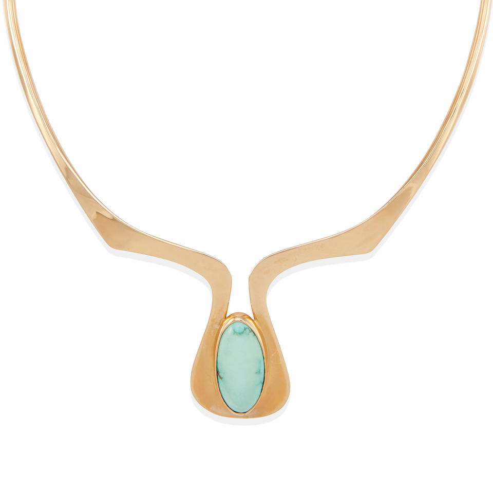A 14K GOLD AND TURQUOISE COLLAR NECKLACE - Image 2 of 3