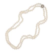 A 14K WHITE GOLD CULTURED PEARL AND DIAMOND DOUBLE STRAND NECKLACE