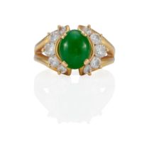 AN 18K GOLD, JADE AND DIAMOND RING