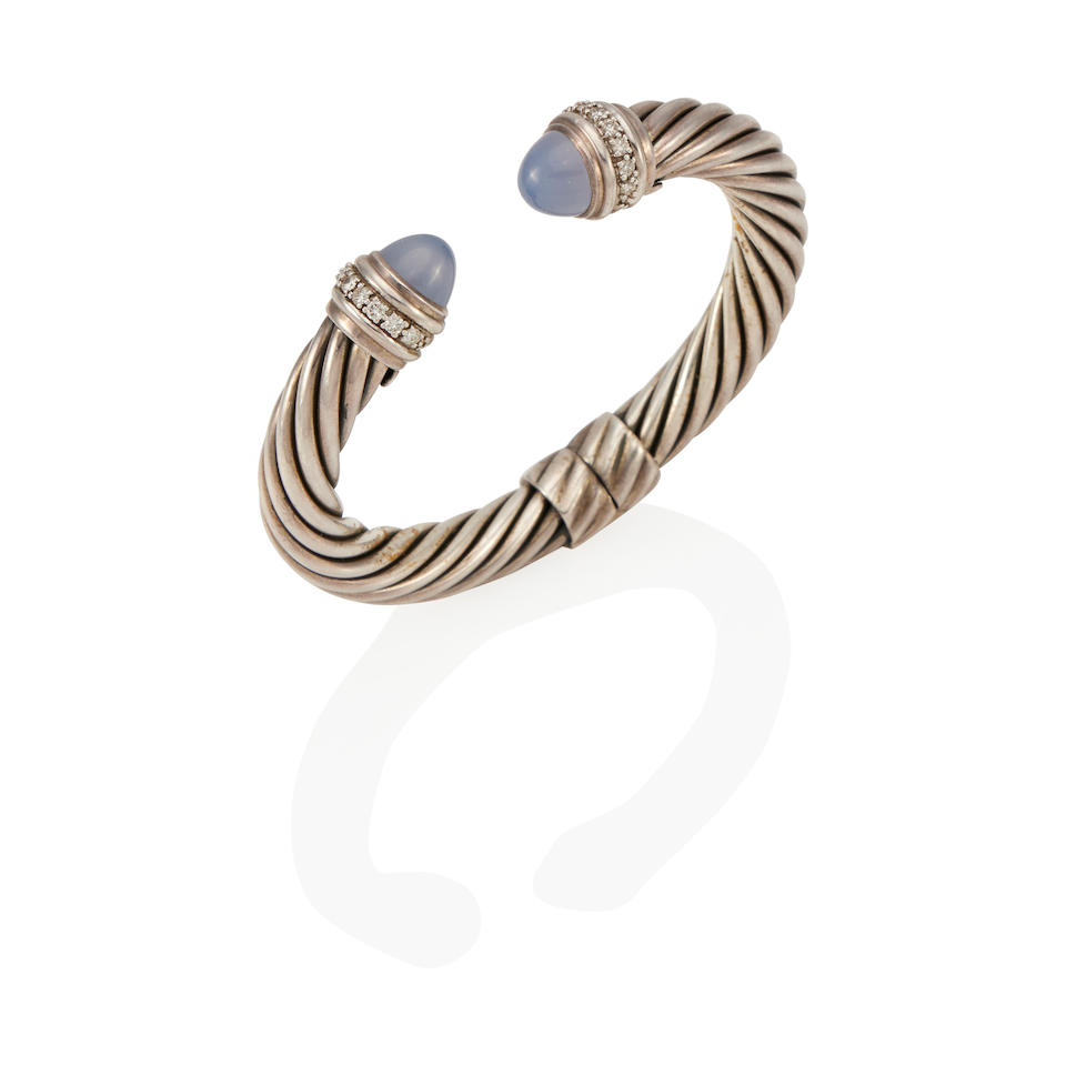 DAVID YURMAN: A SILVER, CHALCEDONY AND DIAMOND CABLE CUFF BRACELET