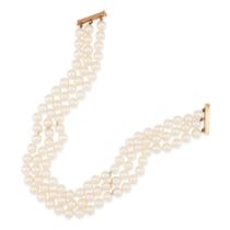 A 14K GOLD AND CULTURED PEARL THREE STRAND CHOKER