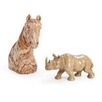 TWO ASIAN CARVED HARDSTONE TABLE DECORATIONS/ORNAMENTS: HORSE HEAD, RHINOCEROS FIGURE