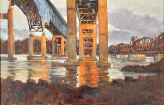 JACK BRODERICK (AMERICAN, 20TH/21ST CENTURY) SOARING BRIDGES FROM BELOW