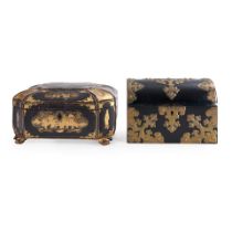 ENGLISH GOTHIC-STYLE LETTER BOX AND CHINESE GILT-DECORATED LACQUERWARE TEA CADDY