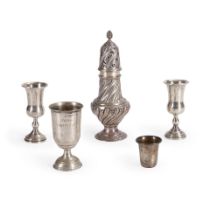 ENGLISH STERLING SILVER SUGAR CASTER AND FOUR SILVER KIDDUSH CUPS