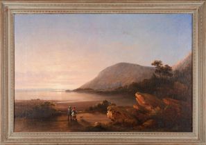 GEORGE ROBERT BONFIELD (AMERICAN, 1802-1898) SHORE AT SUNSET WITH FIGURES AND A DOG