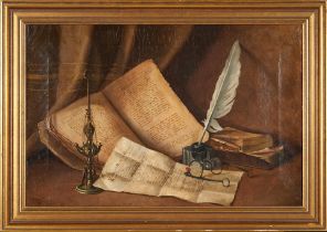 E. GIBSON (AMERICAN, 19TH CENTURY) TROMPE L'OEIL WITH A QUILL, SPECTACLES, AND MARRIAGE CONTRACT...