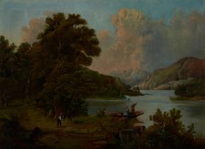 ANGLO-AMERICAN SCHOOL, 19TH CENTURY A LANDSCAPE WITH BOATERS, A HERDSMEN, AND A DISTANT MOUNTAIN...