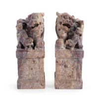 PAIR OF CHINESE HARDSTONE CARVINGS OF FOO DOGS/LIONS