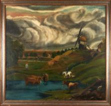 AMERICAN SCHOOL, 19TH/20TH CENTURY A RURAL FARM LANDSCAPE WITH CATTLE, A WINDMILL, AND FIGURES U...