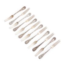 TWELVE DURGIN 'CHRYSANTHEMUM' STERLING SILVER COCKTAIL FORKS