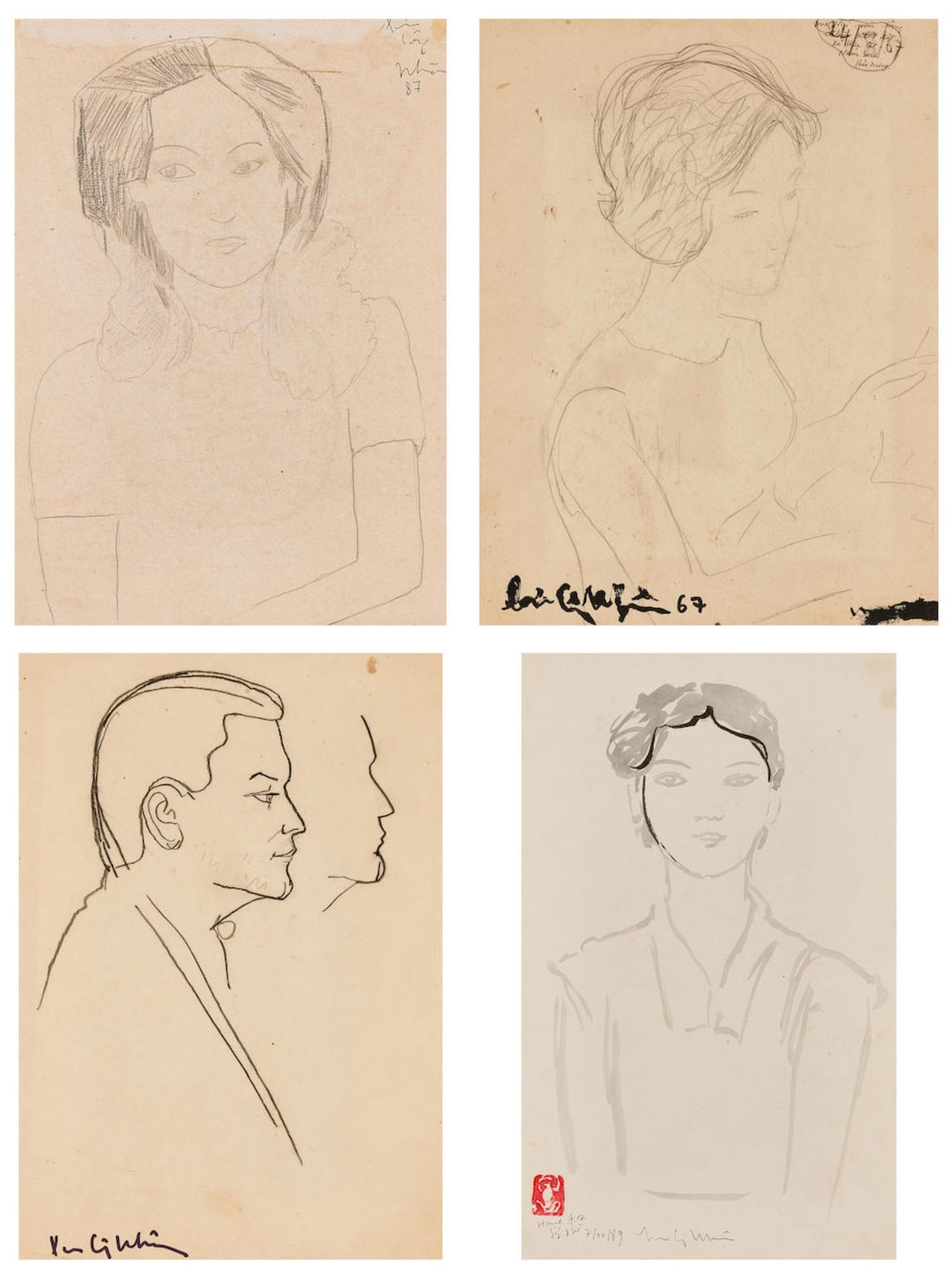 Luu Cong Nhan (Vietnamese, 1931-2007) Four drawings with portrait