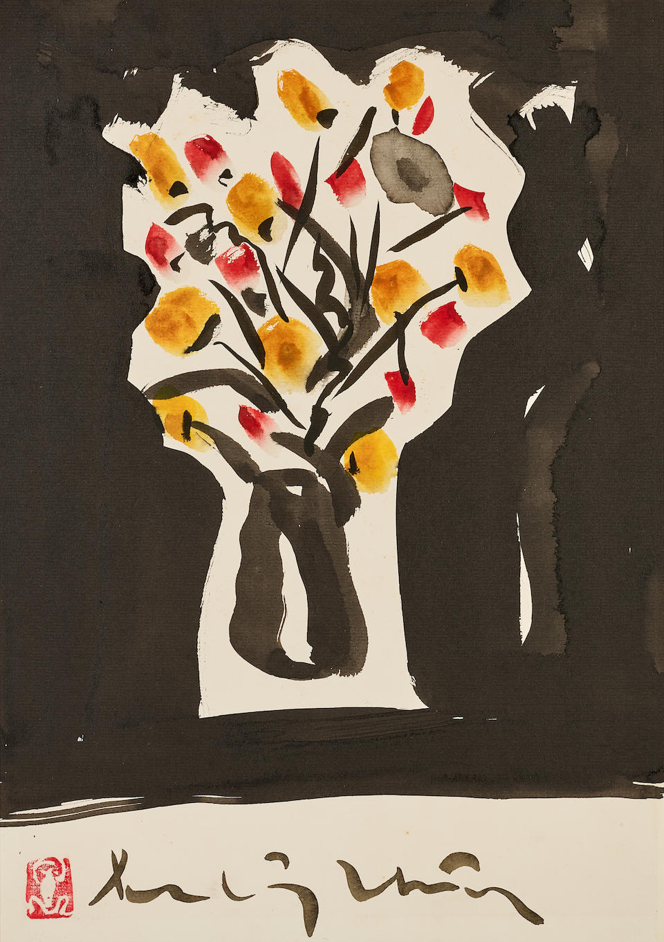 Luu Cong Nhan (Vietnamese, 1931-2007) Flower Bouquet with Black Background