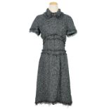 CHANEL: BLACK AND GREY TONAL KNOTTED TRIM SHORT SLEEVES TWEED DRESS WITH FRINGED COLLAR