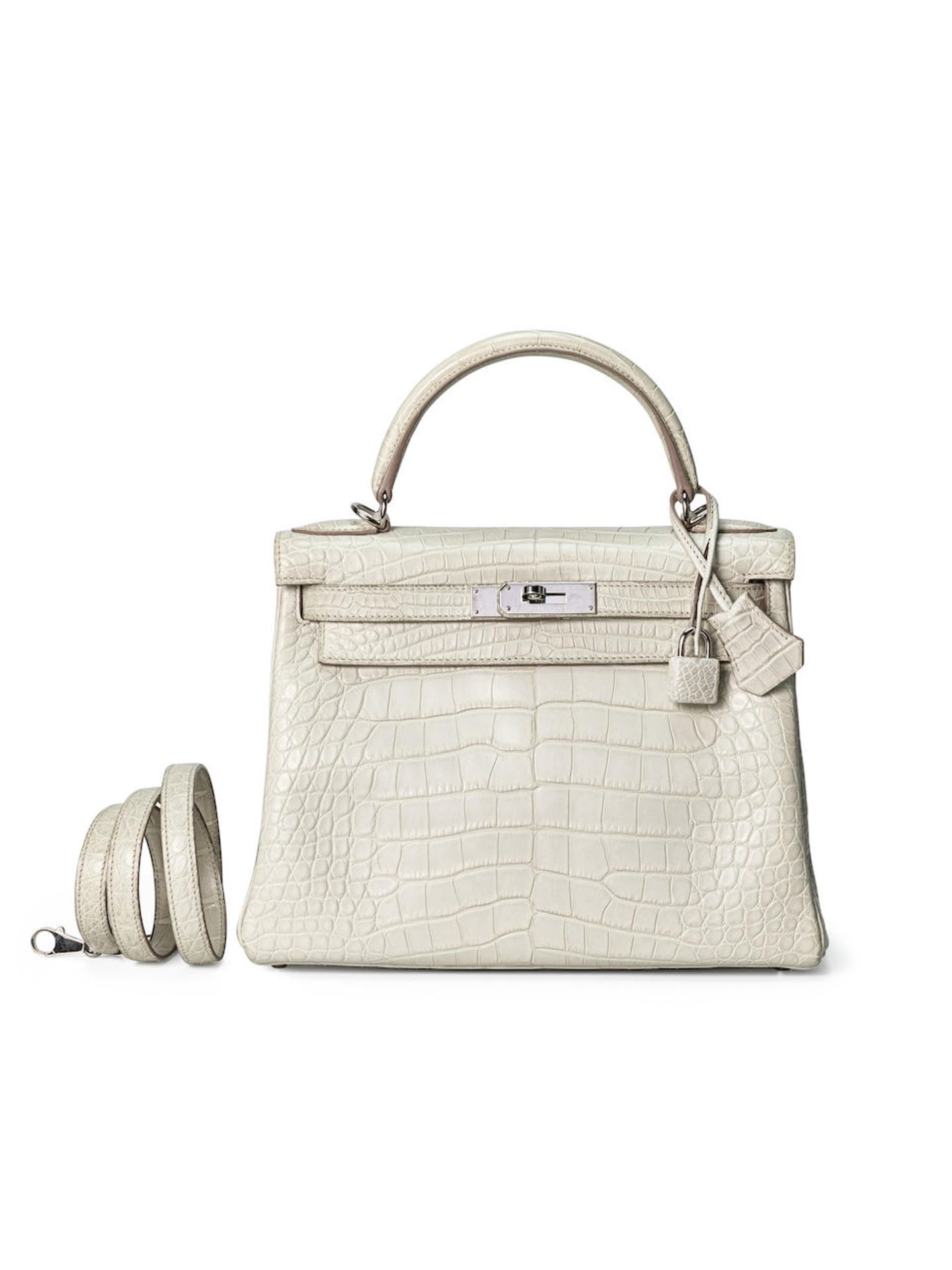 HERMÈS: BETON MATT ALLIGATOR KELLY 28 WITH PALLADIUM HARDWARE (Includes padlock, keys, cloc...